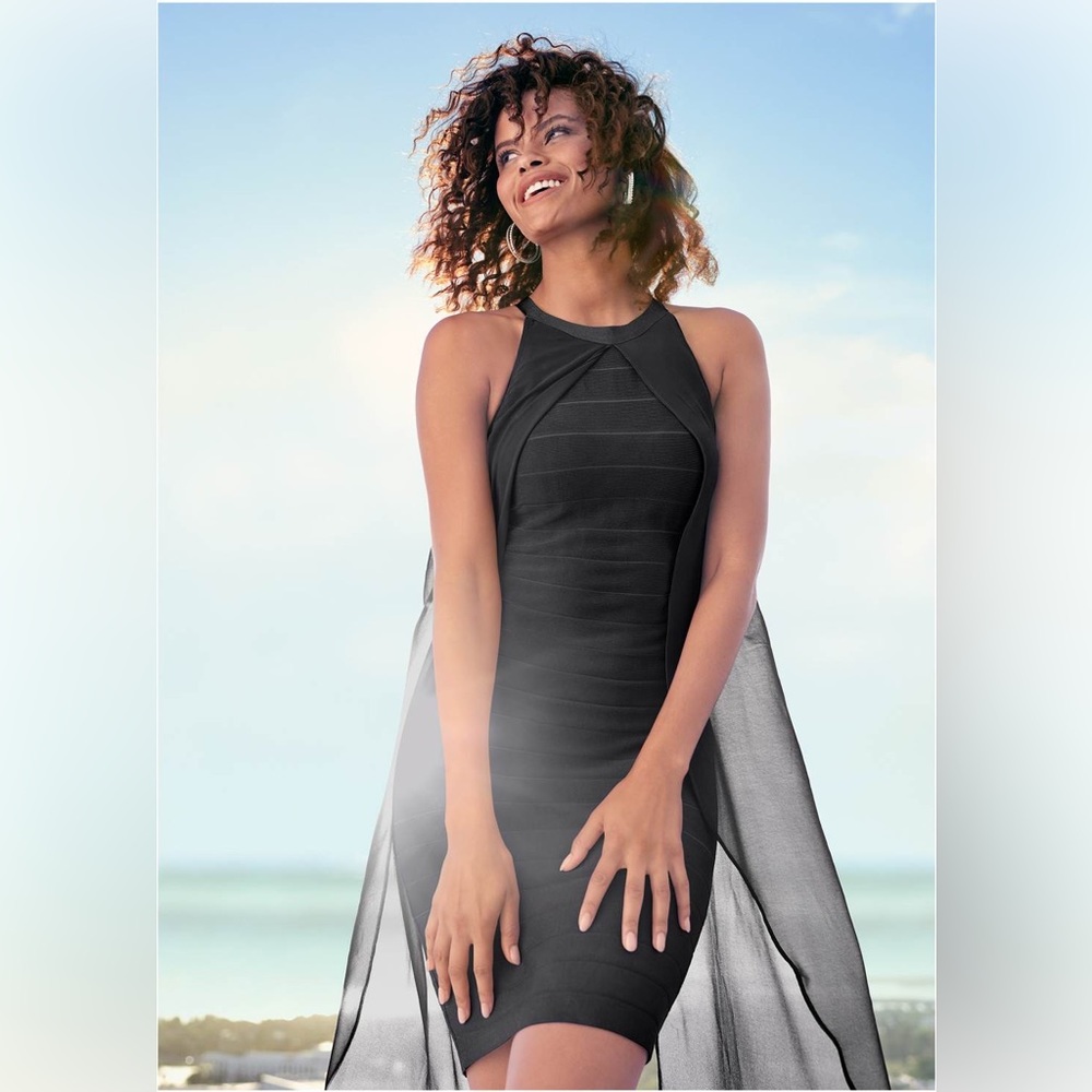 Chiffon overlay black bandage dress, sleeveless